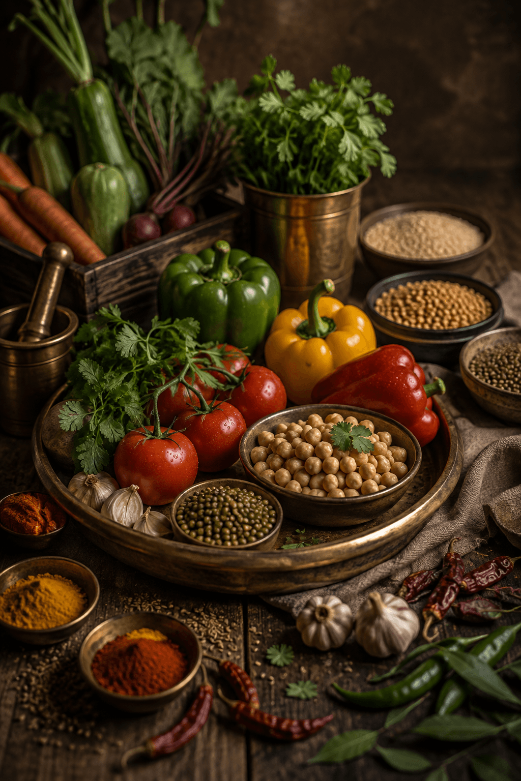 The Ingredient — Vegetables, grains, lentils, herbs — the raw materials of a vegetarian table, chosen before anything is decided.